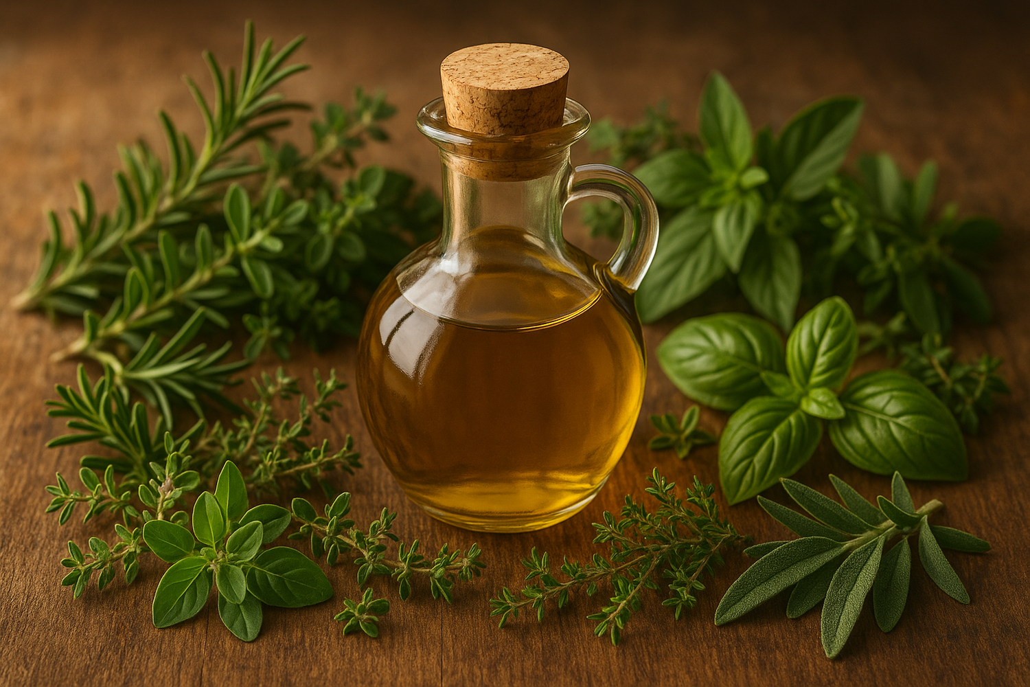 Oil bottle surrounded by herbs