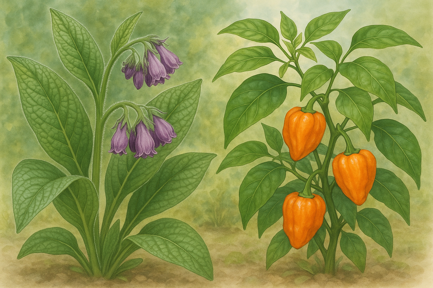 Comfrey plant and habanero
